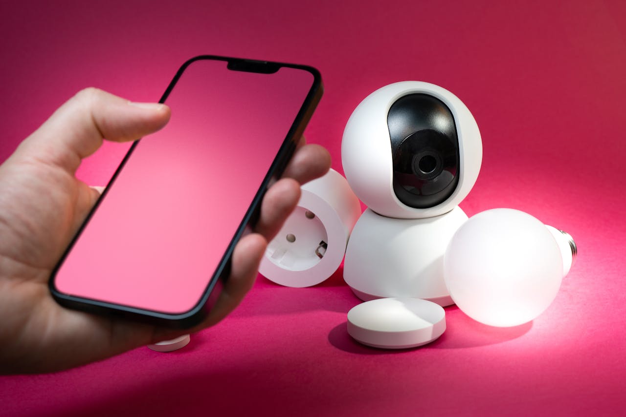 Smart home setup including smartphone and security devices against a vibrant pink background.